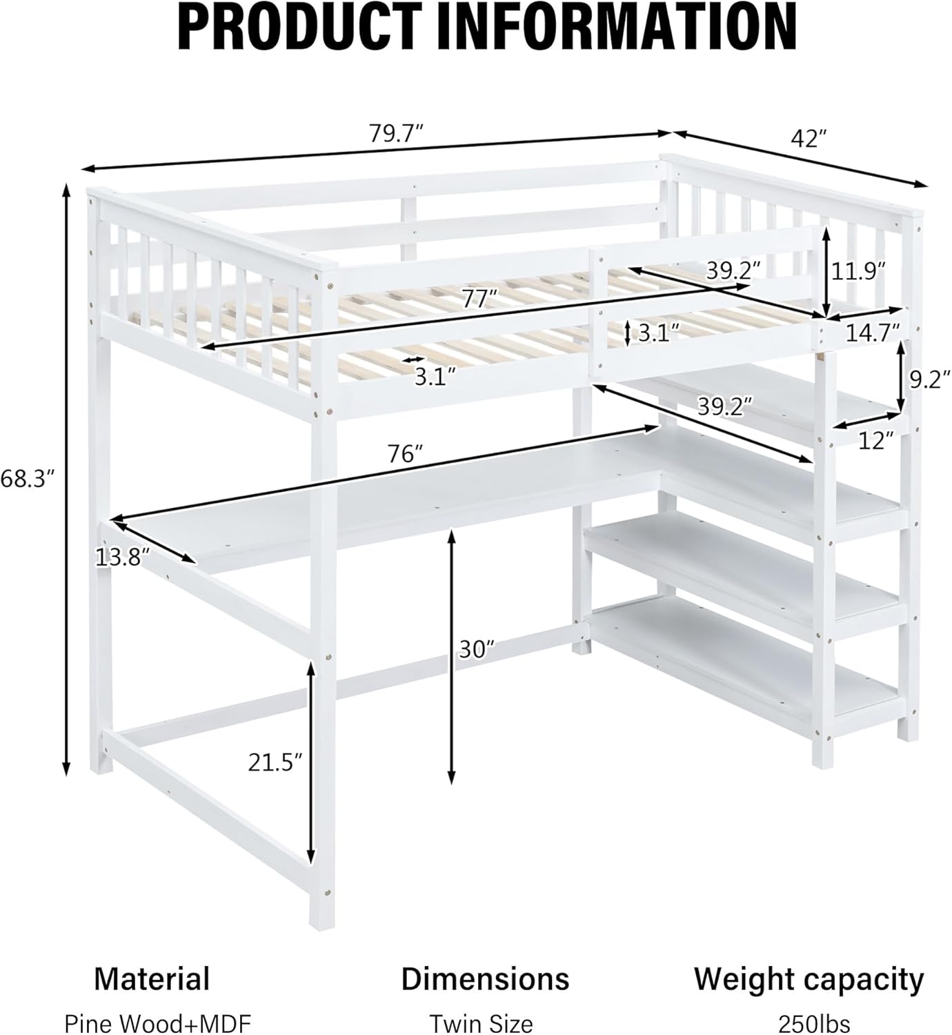 Merax Wood Loft Bed with Desk : Twin Size Loft Bed with 4-Storage Shelves and Under-Bed Desk Solid Wood Bed, White