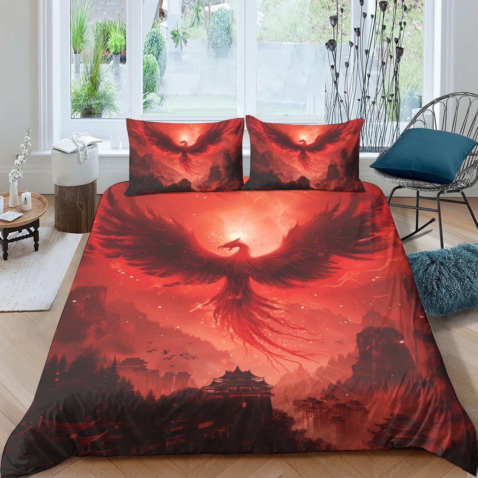 Ctjqhvkz Style-2 3D Printed Phoenix Fire Fitted Sheet Microfiber Red Art Bed Sheet For Bedroom Guest Room Mattress Protection Decor Single（135X200cm）