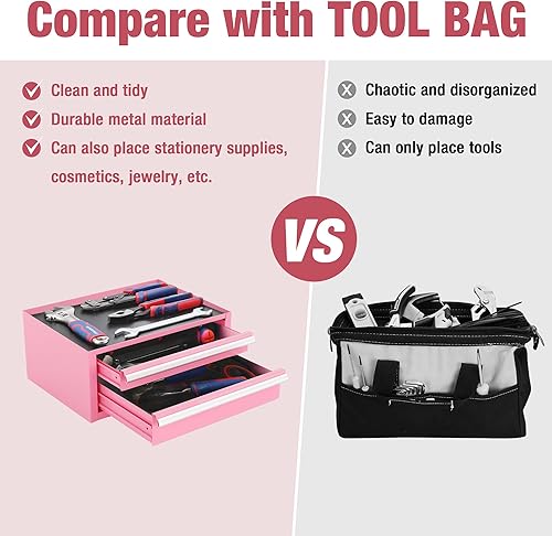 Miniatura 4 de WORKPRO Mini caja de herramientas de 12.5 pulgadas con 2 cajones y 1 almacenamiento superior abierto, pequeño baúl de herramientas de metal con