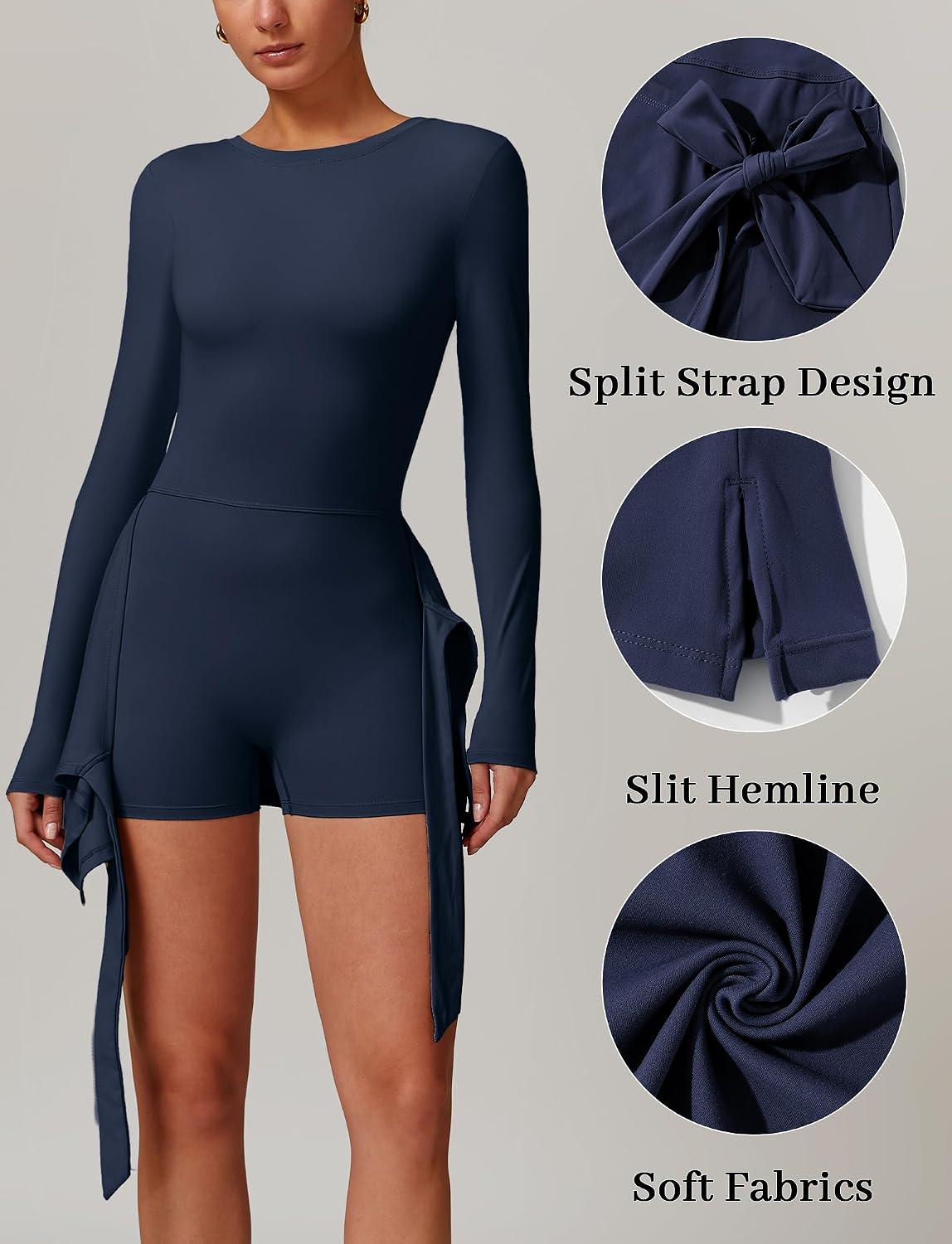 FEOYA Women's Long Sleeve Tennis Dress with Built-in Shorts Quick-Dry Backless Activewear Dress Tie Waist Romper Skorts