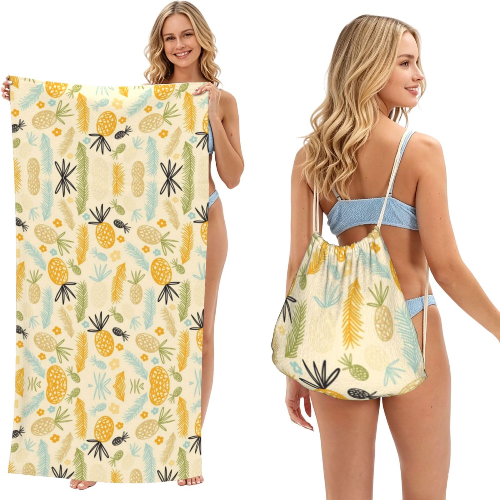 SATUSA Pineapple Pattern Print 2-In-1 Foldable Beach Towel Backpack â€“ Camping, Yoga And Travel,Bath Towel With Built-In Storage, Convertible Beach Mat & Carry Bag