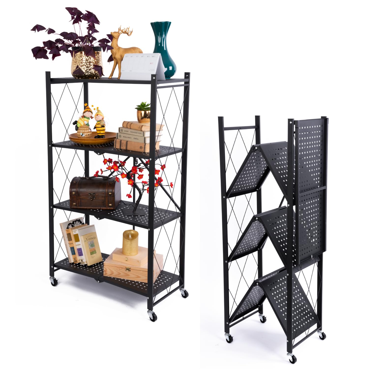 STREND PRO Klappbares Regal mit Rollen, 4 Etagen Faltbare Aufbewahrungswagen Einheit, Rädern 200 kg Tragfähigkeit, Lagerregal, Metallregal Schwarz, Klappregal für die Küche, Büro