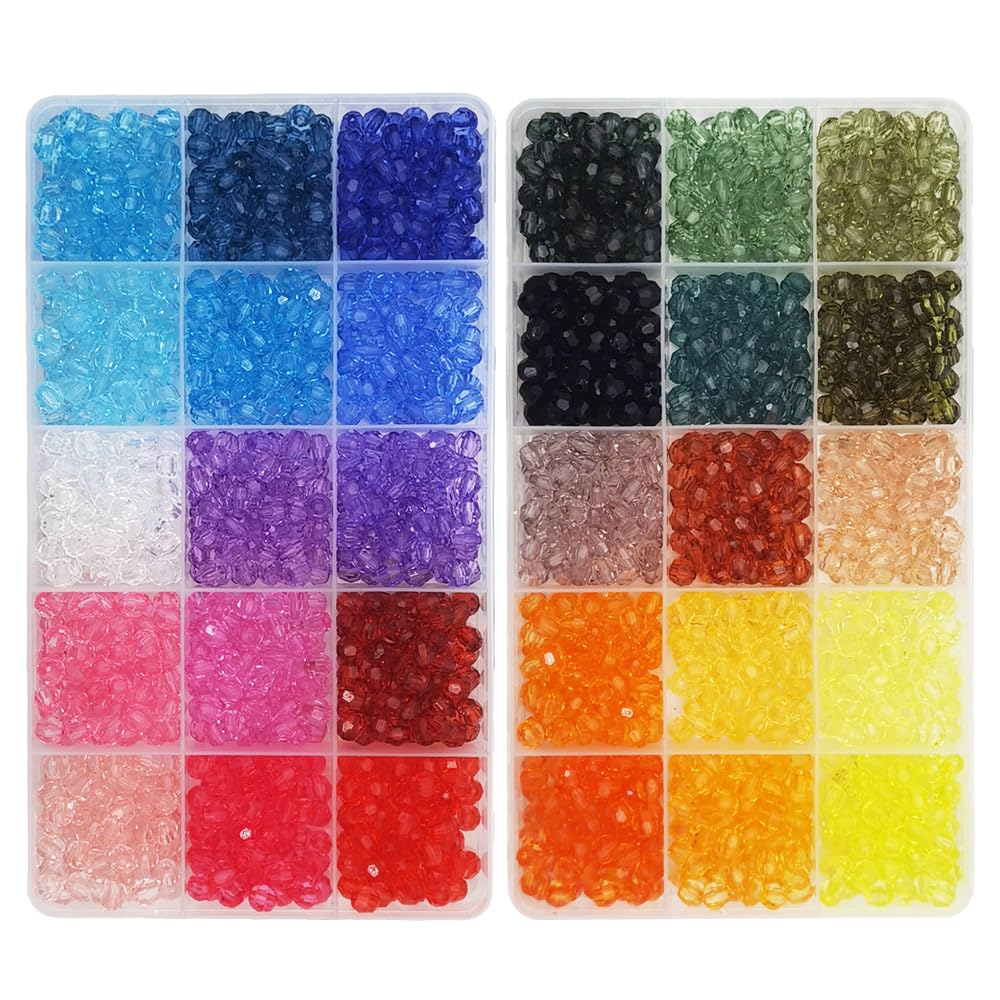 1800 Pieces 6mm Faceted Round Acrylic Beads - 30 Colors Plastic Spacers for Jewelry Making and Crafting