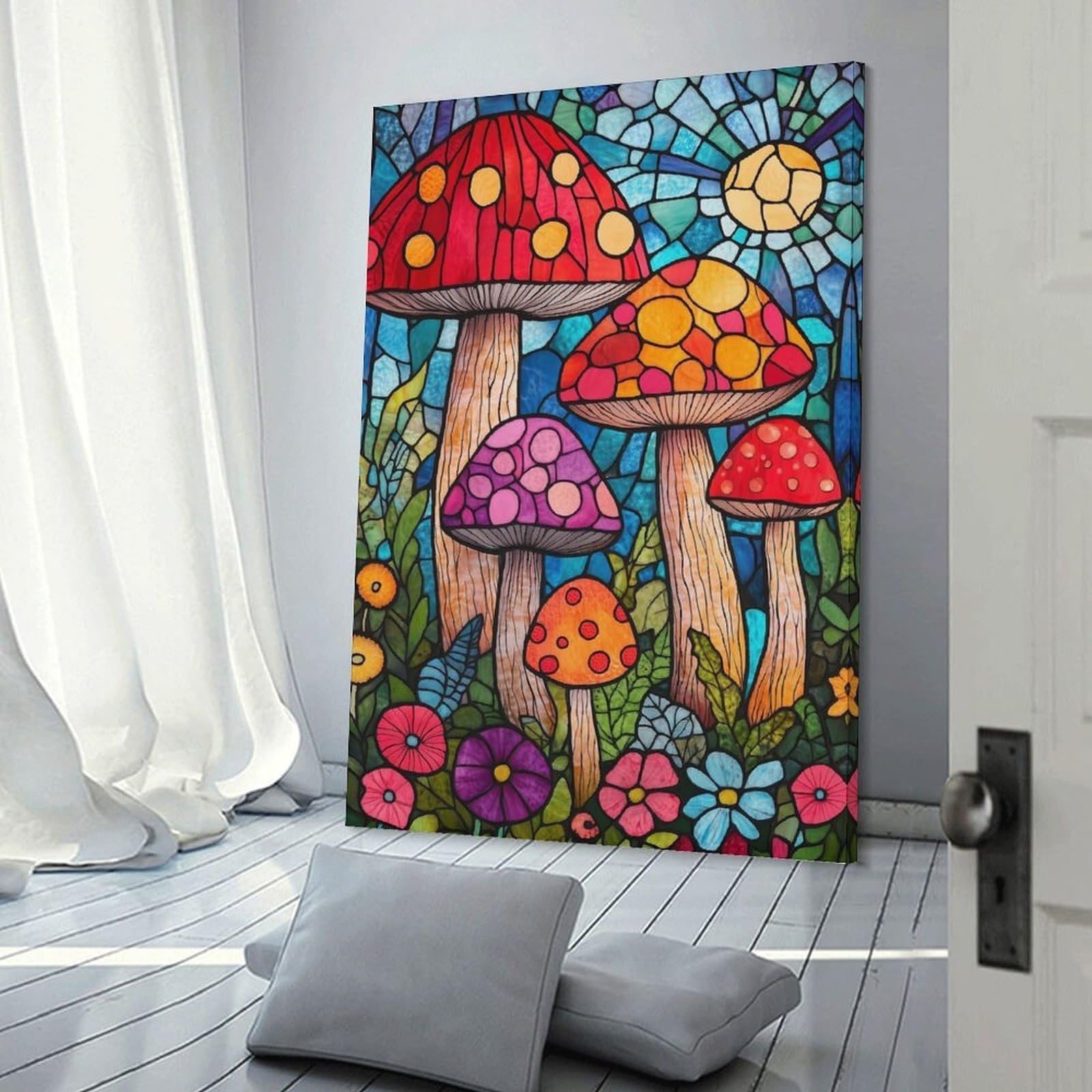 Junmoney Frame-Style-13-1 Canvas Art Print Stained Glass Mushrooms, 24X36inch(60X90cm), For Contemporary Homes, Apartments Or Offices, Decorative Canvas Decor For Home Updates