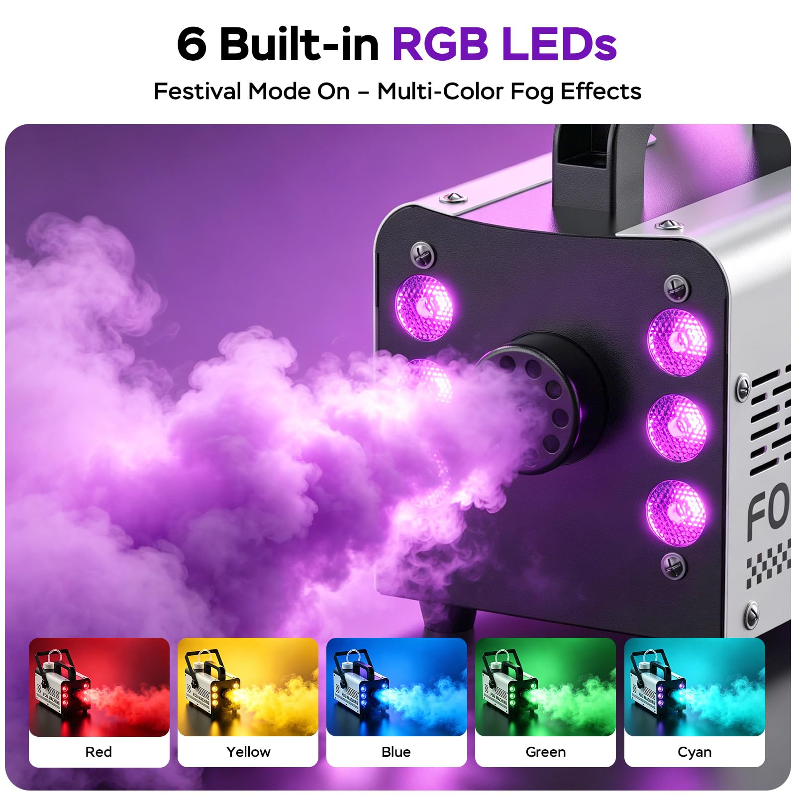 Machine à fumée Mini 1000W avec 6 LED RGB, télécommande et commande filaire