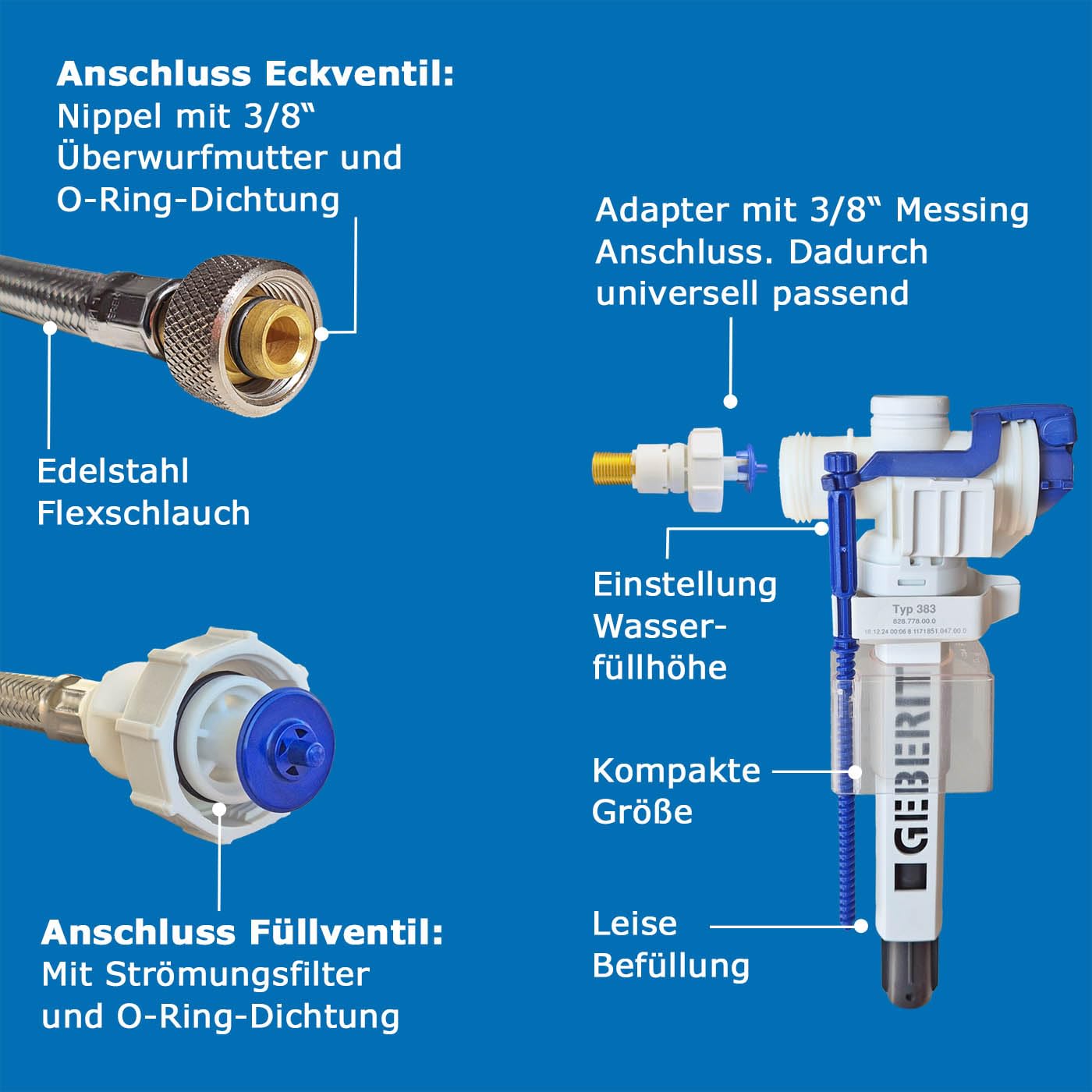 Ersatzteilset für Geberit UP100, UP300, UP320, UP320Y, Sigma, Delta, Flexs. | Bestehend aus: Flexschlauch, Heberglocke, Korb, Dichtungen, Füllventil