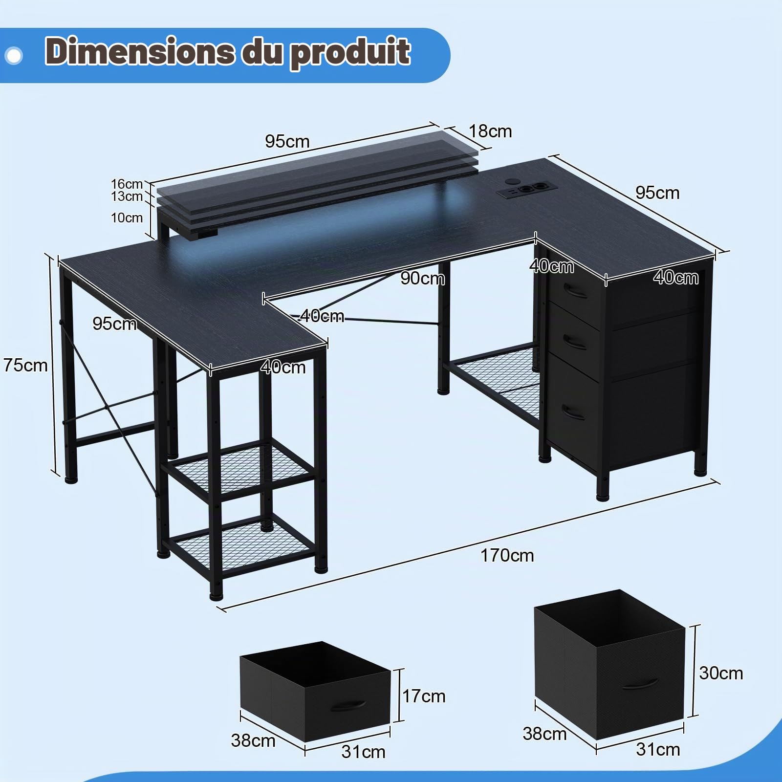 Devoko Bureau Gaming en U Réversible 170x95cm Table E-Sport LED Noir | Éclairage RGB, Double Support Moniteur, 3 Tiroirs, Étagère Latérale, Prises & 2 USB, Rangement, Setup Gamer Complet