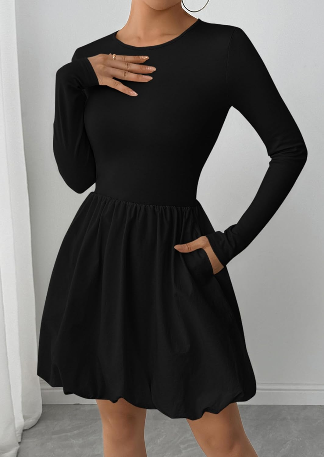 PRETTYGARDEN Fall Dresses for Women 2026 Casual Long Sleeve Bubble Cute Crew Neck A Line Mini Short Dress with Pockets - Image 5