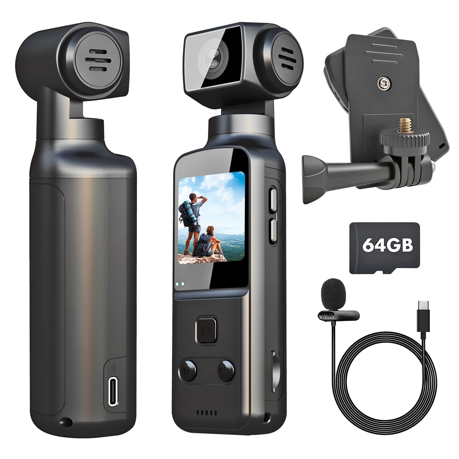 4K Camera Pieton, Caméra Portable/Vlogging/POV/Corporelle avec Objectif Rotatif 270°, Pocket Body Cam avec Microphone Externe, Clip et Carte TF 64 Go
