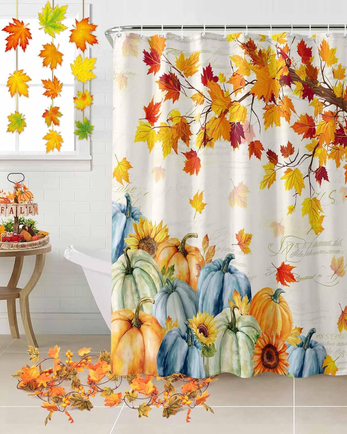 Orange Blue Pumpkins Fall Shower Curtain, Thanksgiving Maple Leaves Stall Bathroom Curtains for Bathtub, Fall Branch Waterproof Fabric Shower Curtain Set with 12 Hooks, 36" x 78"