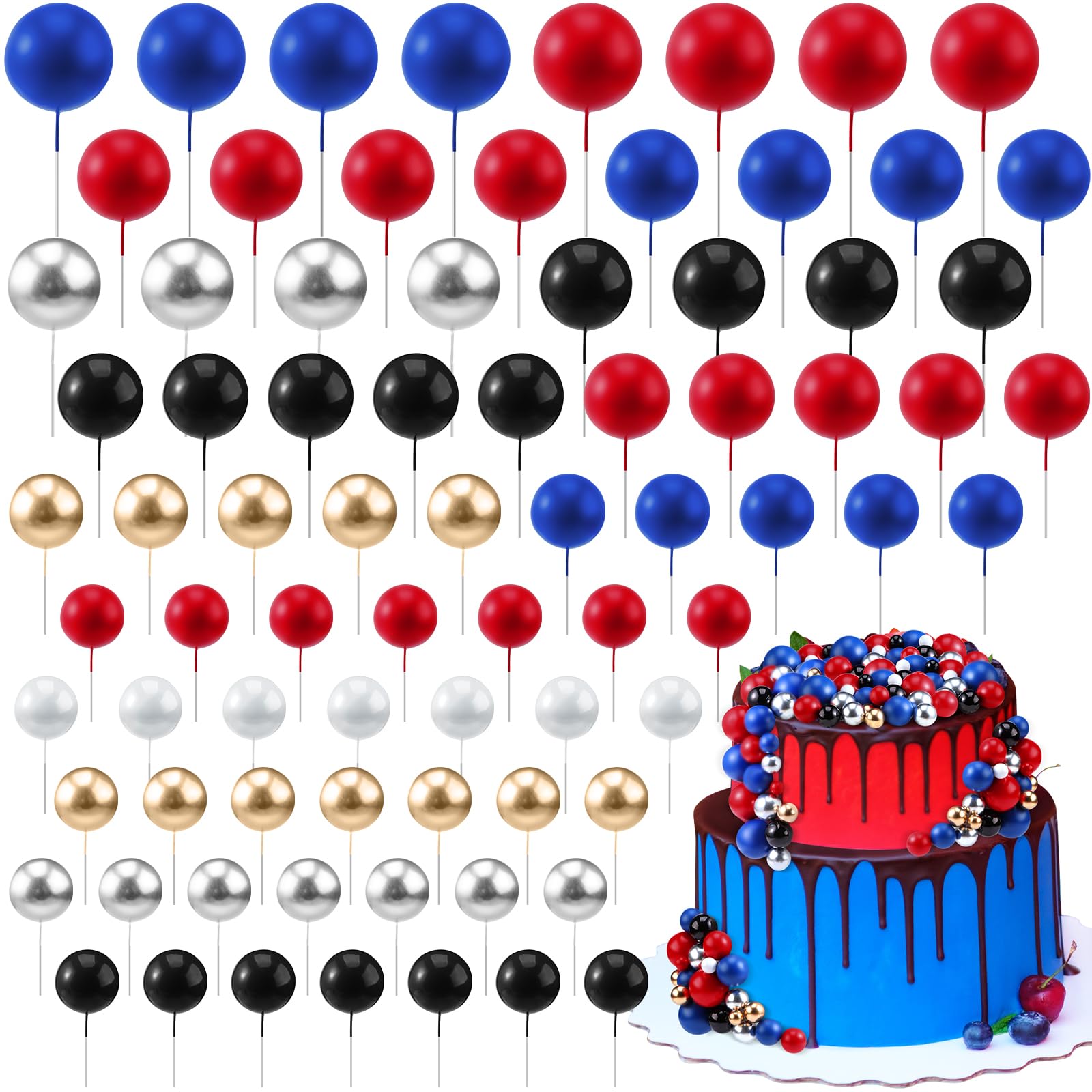 108 Pcs Balls Cake Topper DIY Cupcake Insert Foam Balloons for Cake Baking Wedding Anniversary Birthday Decoration(Blue, Red, Black,Multi Sizes)