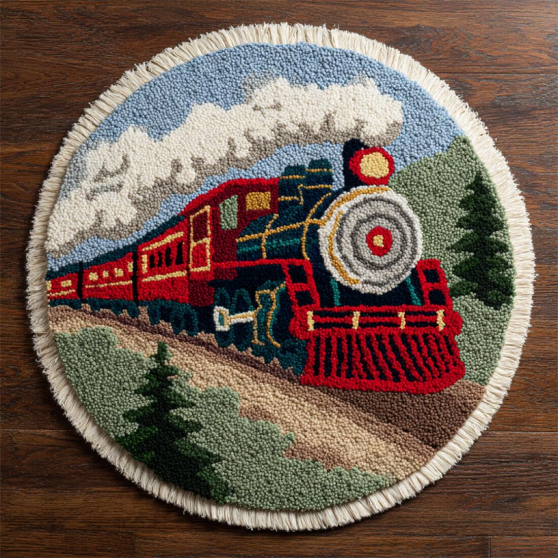 Rqwybcaxn DIY Latch Hook Rug Making Kits for Teens Crochet Hooks Set Vintage Train 80x80cm Round Large Rug Making Kits Study Handmade Gift