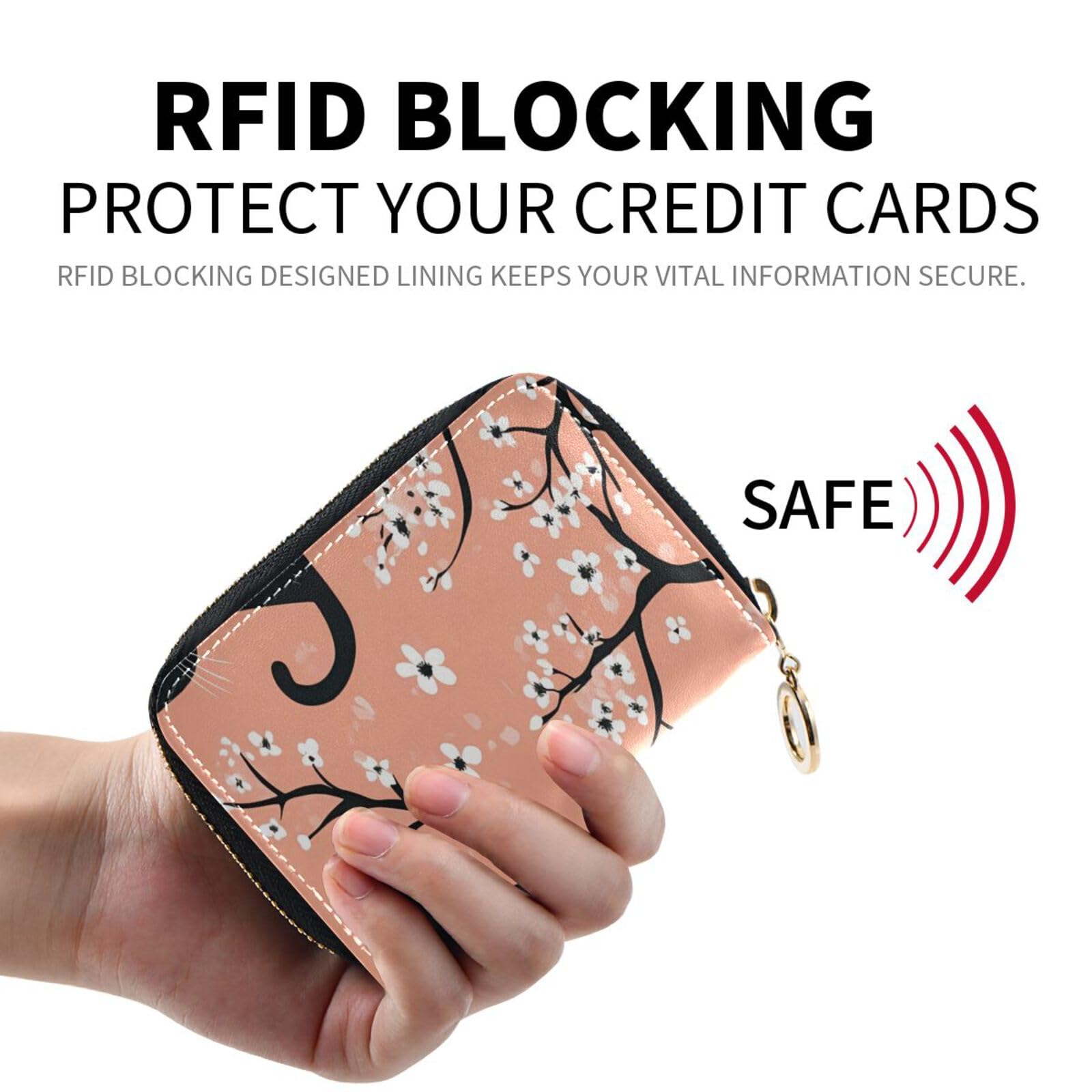 BOESI Doodle Black Cat and Flower Leather Card Holder, Credit Card Holder Wallet, RFID Blocking Credit Card Holder, Organizer Zipper Wallet