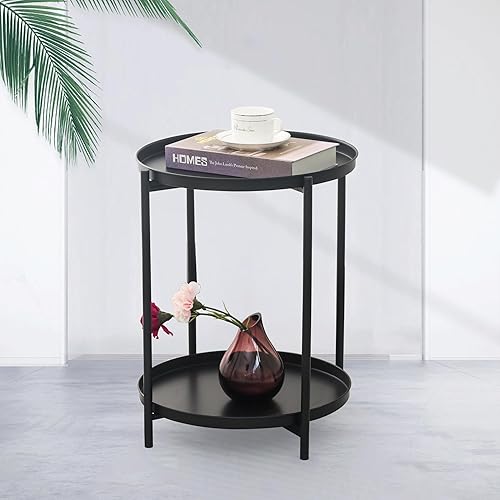 Miniatura 8 de Homebeez Mesa de bandeja negra, mesa auxiliar redonda, mesa decorativa para sofá, aperitivos, plantas de café, mesas decorativas para espacios