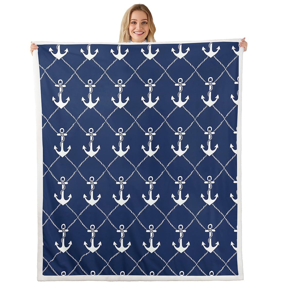 Manfei Anchor Throw Blanket Nautical Anchor Print Fleece Blanket, Ocean Adventure Theme Throws for Bed Couch Sofa, Kids Boys Teens Room Decor, Soft and Breathable(90 x 90 Inches)
