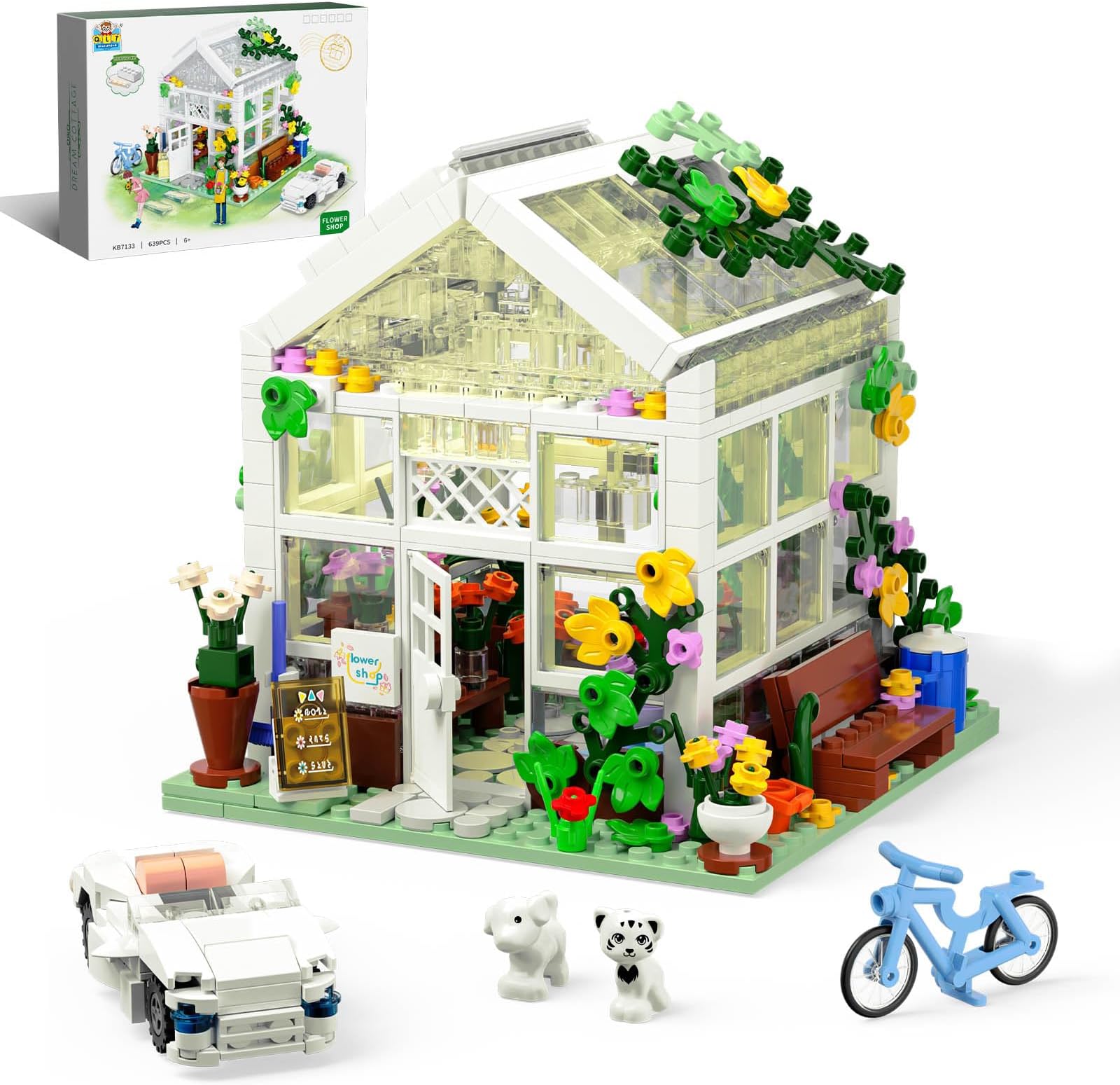 QLT White Flowers House Building Set, Compatible with Lego Flower Friends House Create Elegance and Warmth Environment, Greenhouse Building Toy, Nice Gift for Boys, Girls and Adult (639 Pcs)