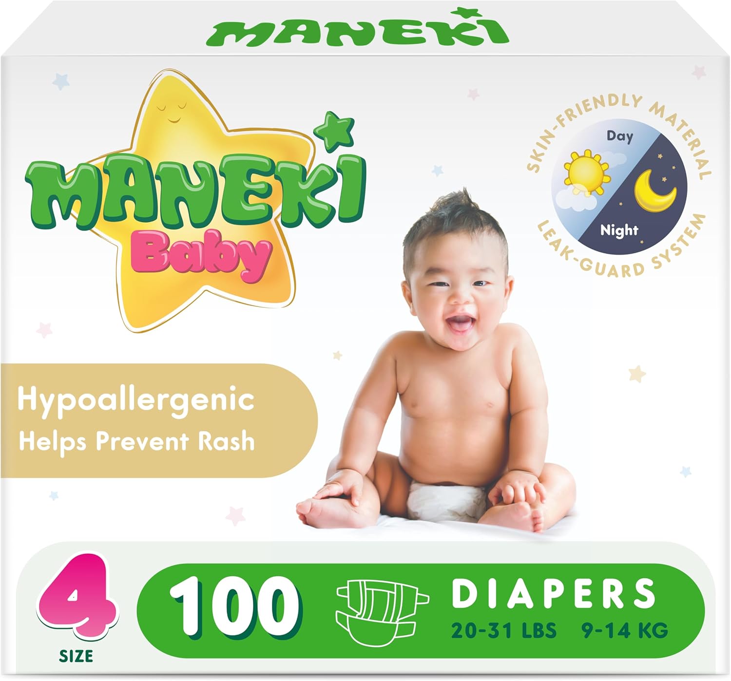 MANEKI Baby Diapers Size 4 (20–31 lbs), 100 Count, Super-Soft, Ultra-Thin & Highly Absorbent, Hypoallergenic, Fragrance-Free for Sensitive Skin, Breathable, Day & Night Leak Protection (Pack May Vary)
