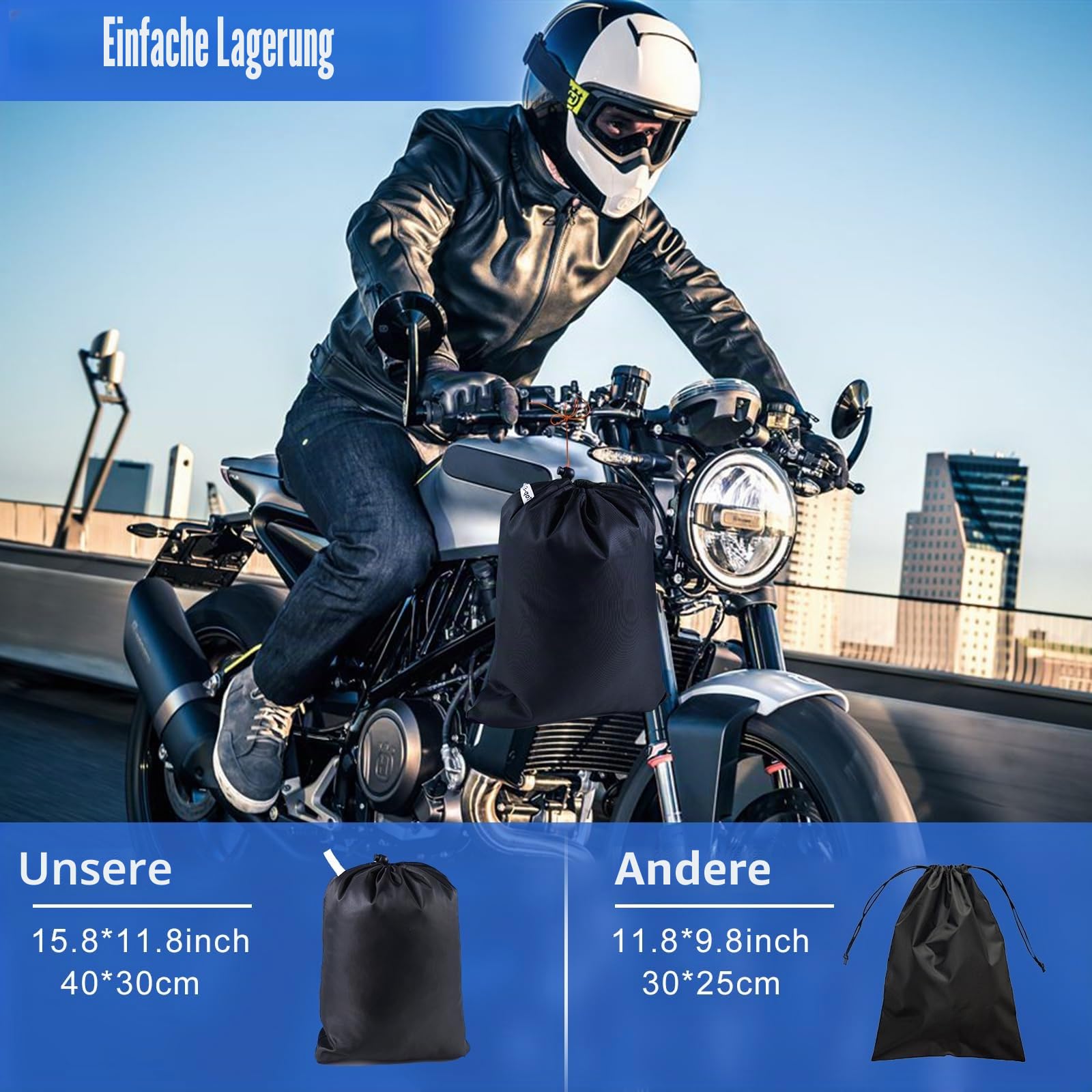 Moped Abdeckung Outdoor,420D Motorradabdeckung Wasserdicht mit Silberner Nano Beschichtung,5 Reflektierende Streifen,2 öFfnung Zur BelüFtung,Motorradabdeckungen (XL 218x99x129cm Schwarz)