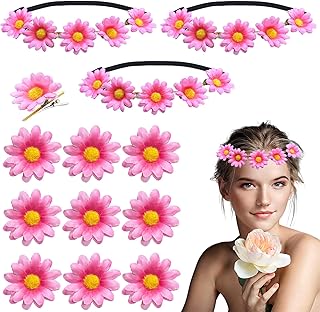 Oenothera 13 Stücke Gänseblümchen Haarband, Blumen Haarband, Blumenkränze Fürs Haar, Stirnband Blumen, für Mädchen Frau Braut Brautjungfer für Hochzeit Geburtstag Party(Rosa)