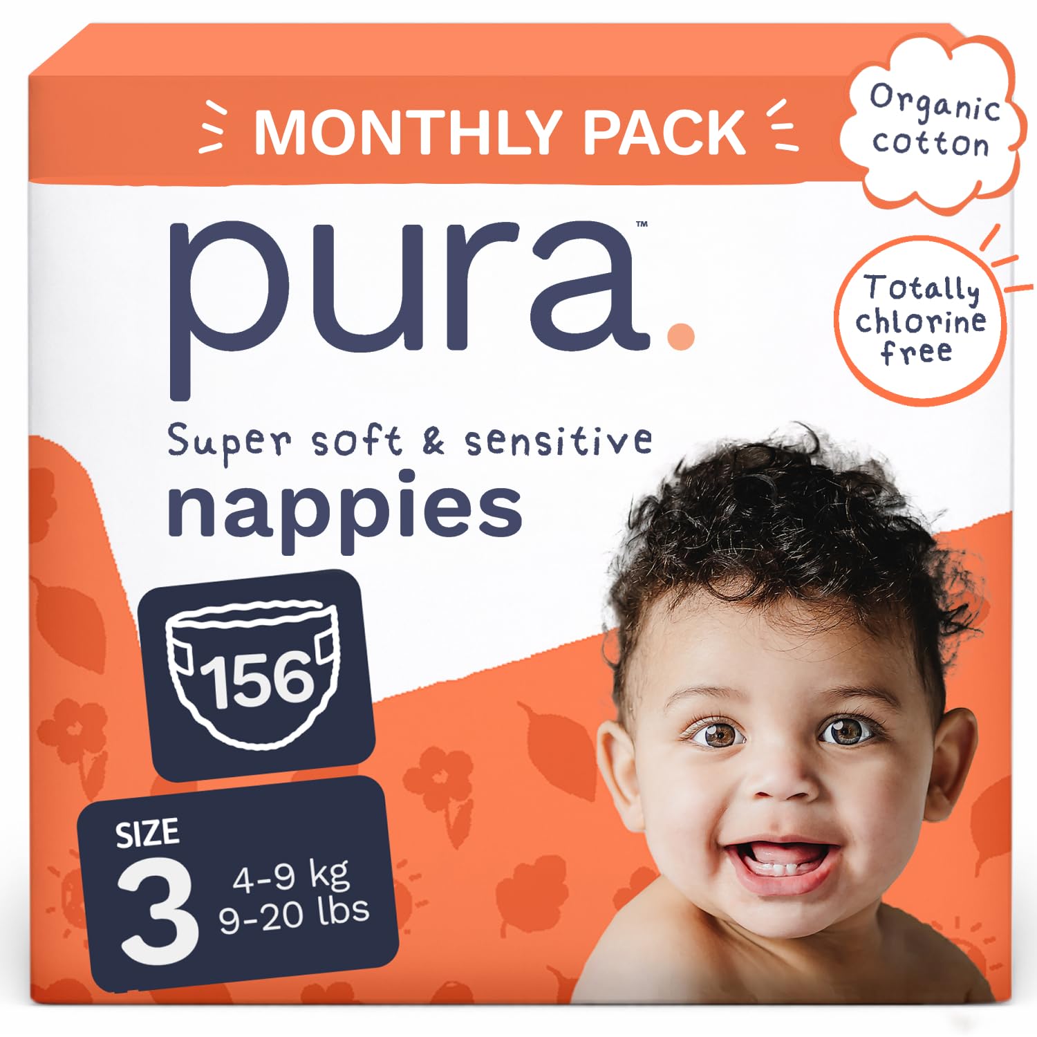 Pura Baby Nappies Size 3, 156 Count, 4-9kg / 9-20 lbs, Cloud Soft Premium Nappies for Hypoallergenic & Sensitive Skin, Toxin-Free*, Up to 12 Hours Leak Protection