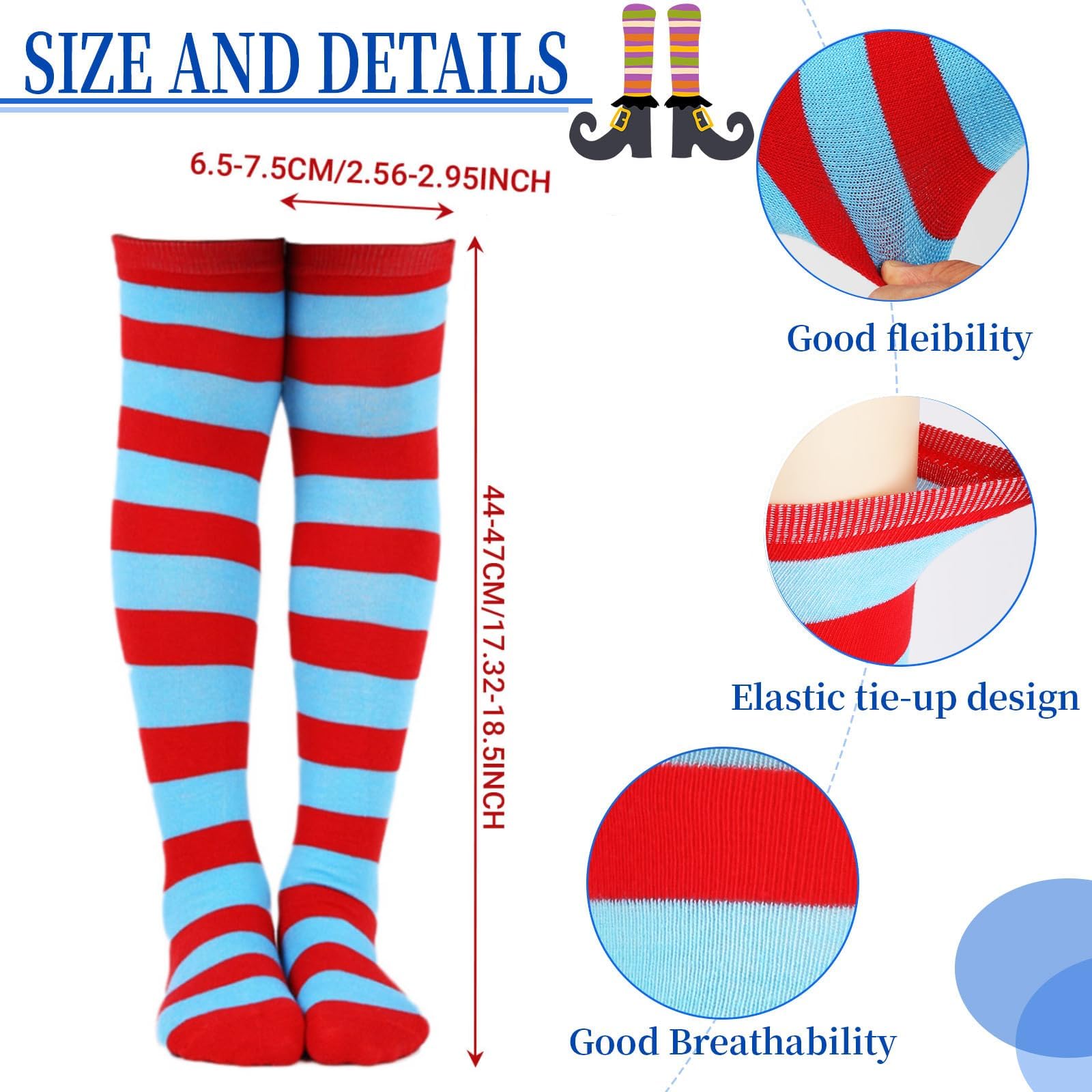 Kavoc 2 Set Kids World Book Day Thing Costume Accessories Include Blue Ponytail Headband and Striped Knee Socks - Image 3