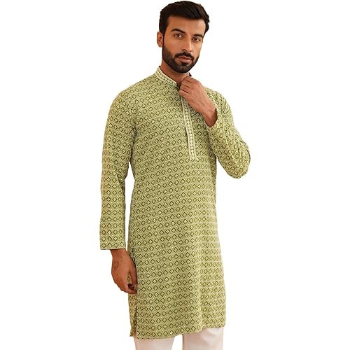 Sojanya (Since 1958 Men'S Cotton Contrast Embroidered Sequinned Long Kurta