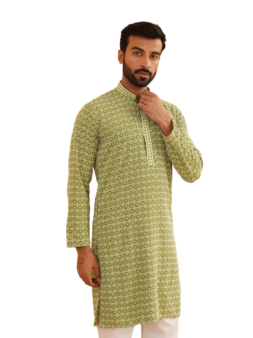 Sojanya (Since 1958 Men's Cotton Contrast Embroidered Sequinned Pista Green Long Kurta Size 36