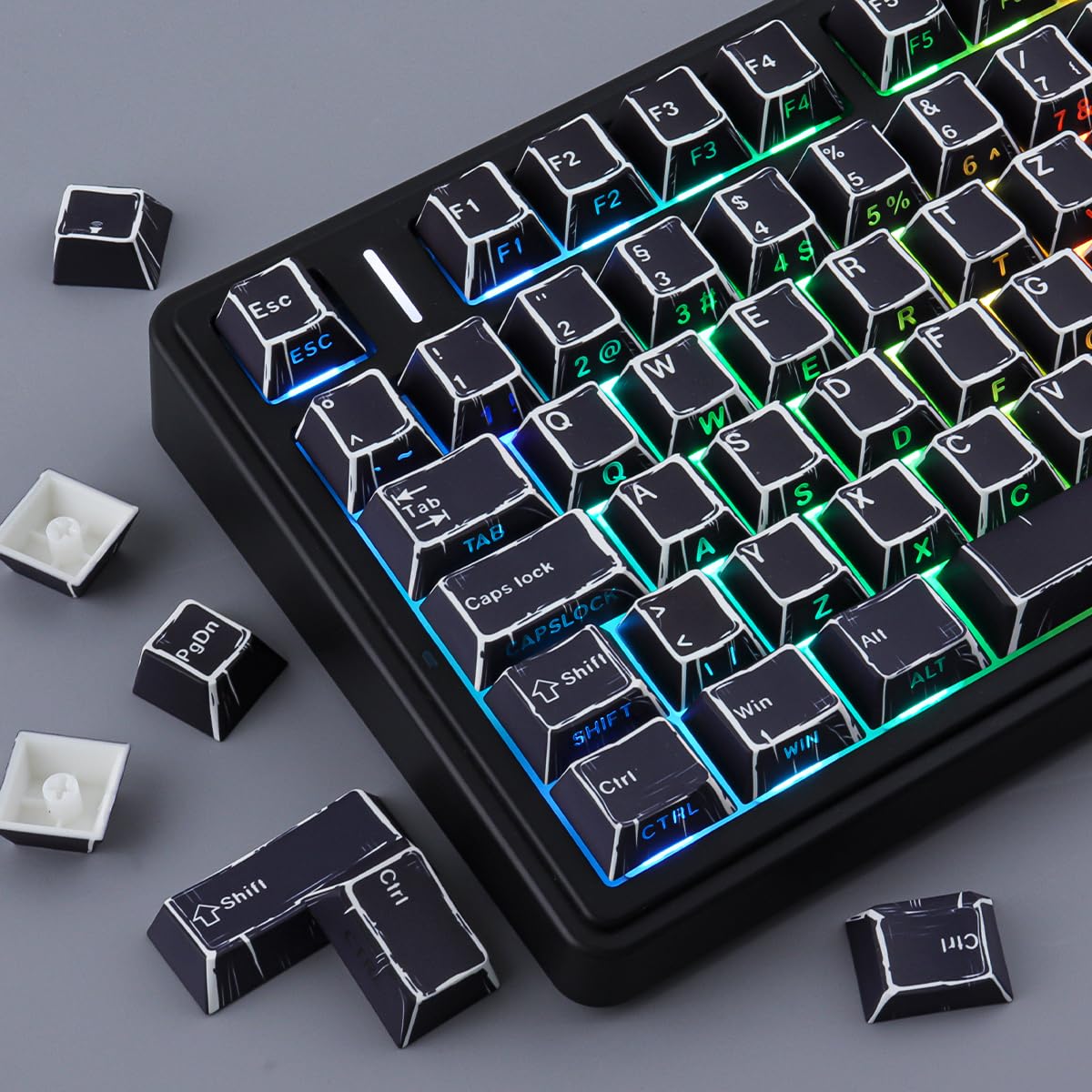 PBT Keycaps 128 touches Manga Black Keycaps, style rétro imprimé sur le côté brillant Through Dye Sub Custom Keycaps for Cherry MX Switch German QWERTZ Layout Mechanical Keyboards