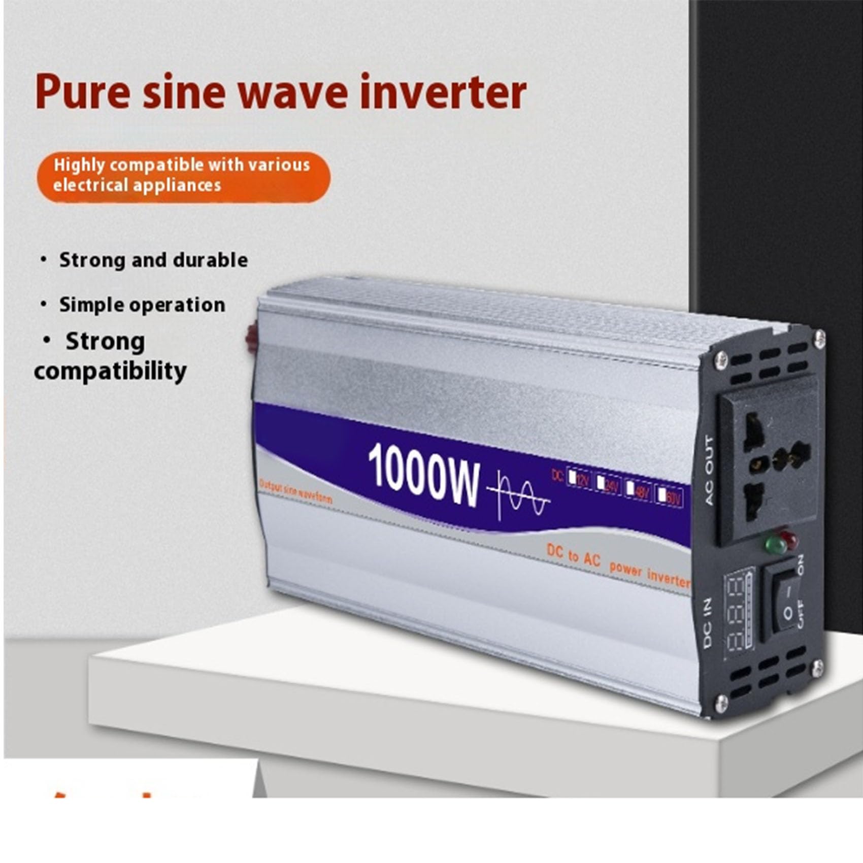 Reiner Sinuswellen-Auto-Wechselrichter 1000W 12V 24V bis 220V tragbarer Heimwechselrichter mit intelligentem Lüfter, geeignet für Urlaub, Camping und Geschäftsreisen