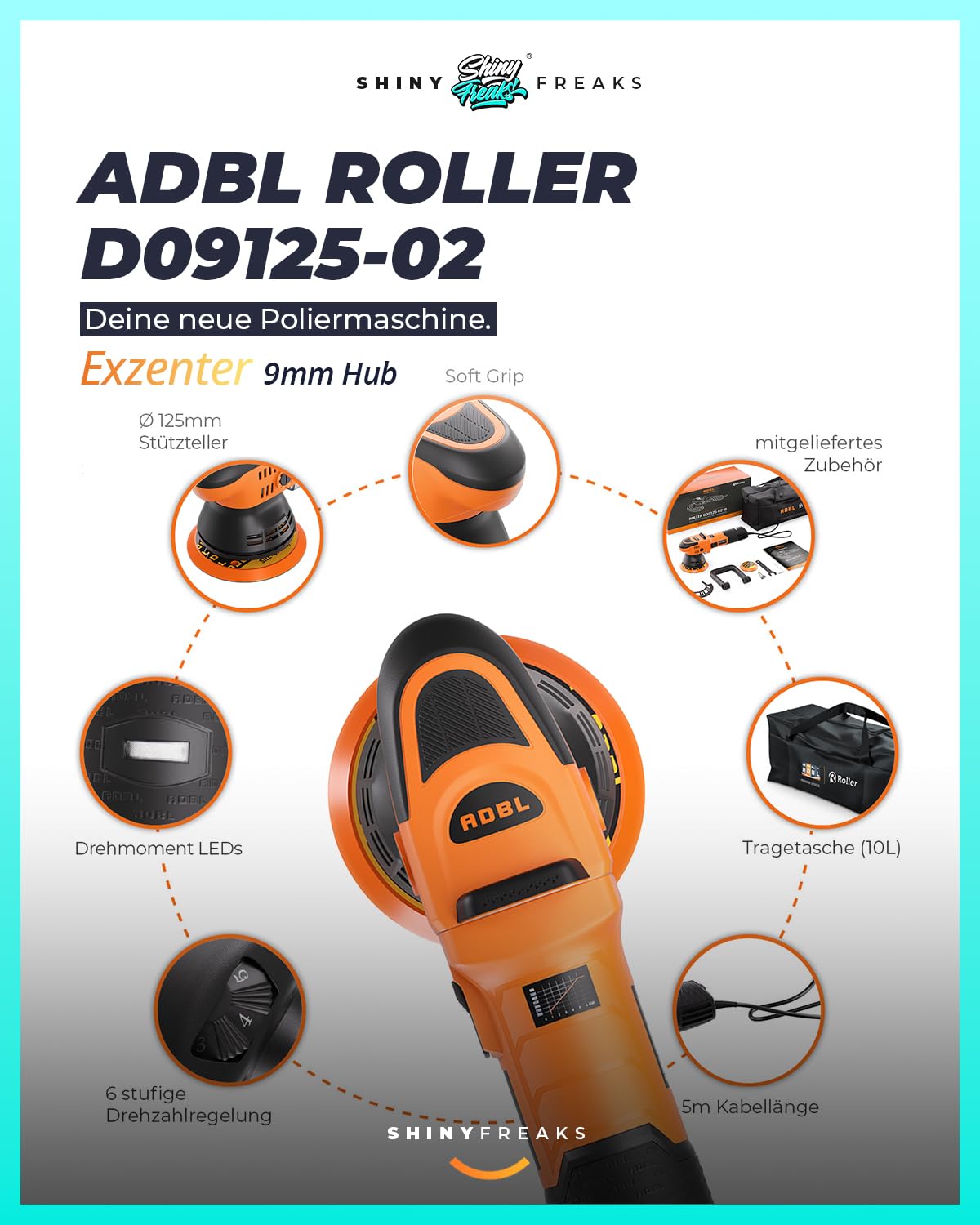 Poliermaschinen Set: ADBL D09125 Exzenter Poliermaschine + Koch Chemie Politur Set + Royal Pads Premium Polierpads + Dr. Wack Versiegelung für Lack- & Scheiben + Zubehör | 12-teilig