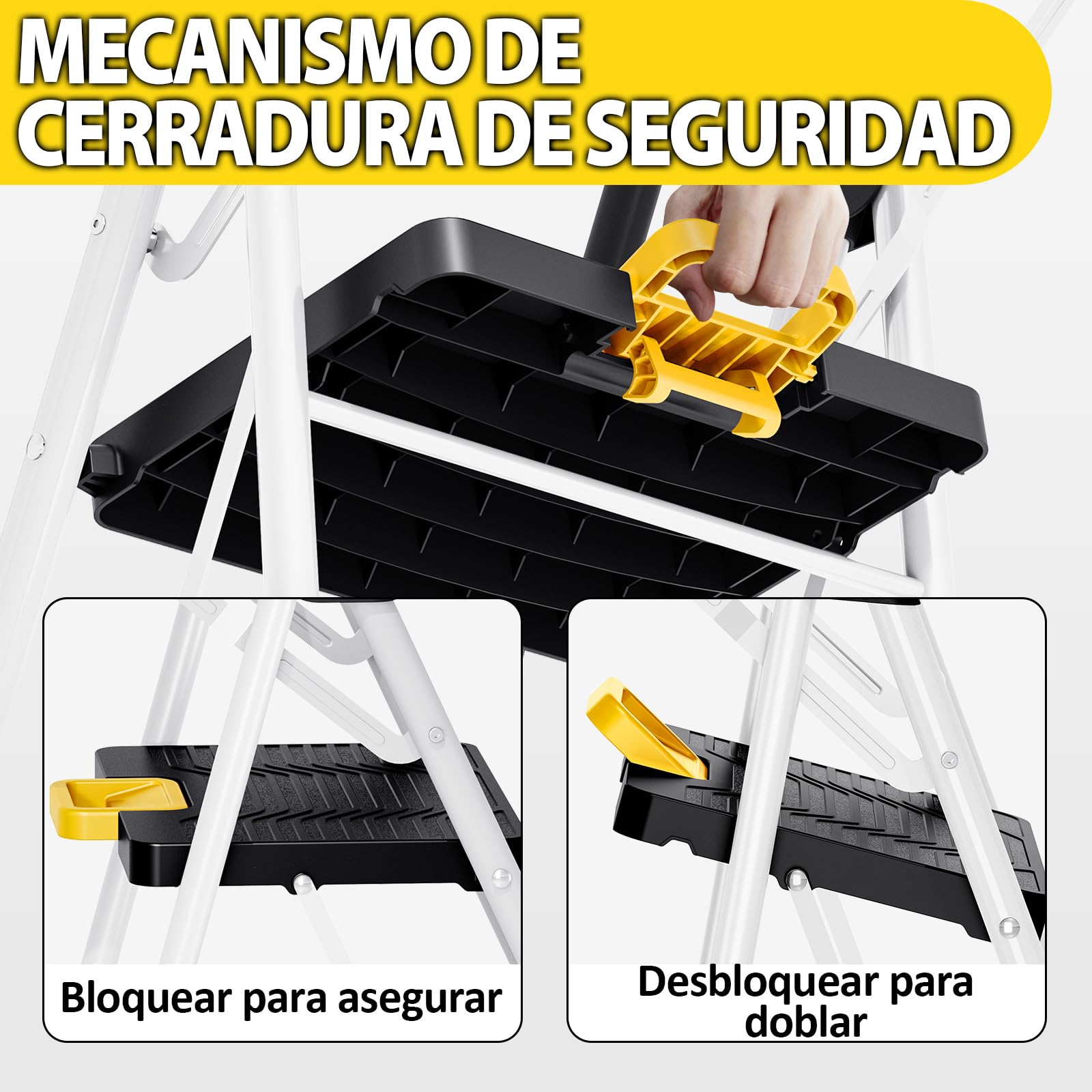 KINGRACK Escalera Plegable 5 Peldaños, Carga hasta 150 kg, con Bloqueo de Seguridad, Pedales Anchos Antideslizantes, Pasamanos, Bandeja de Herramientas Escalera Doméstica Hogar Oficina Armarios Blanco