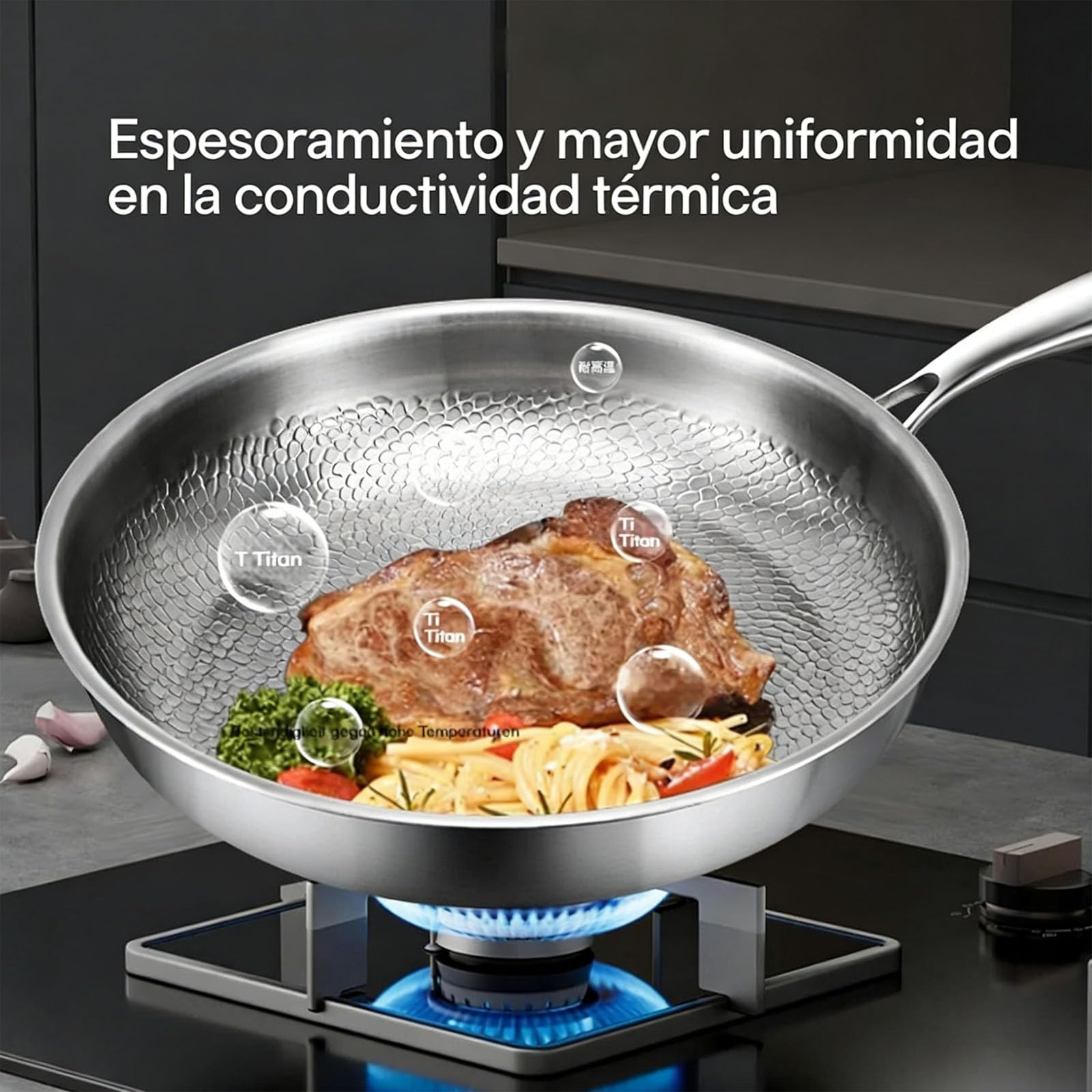 Mireve Sarten Acero 304, Mireve Sarten Titanio Puro, Sartén De Titanio Martillado, Resistente, Antiadherente, Apta Para Lavavajillas, Incluye Tapa Y Compatible Con Todas Las Placas (Sin Tapa, 22cm)