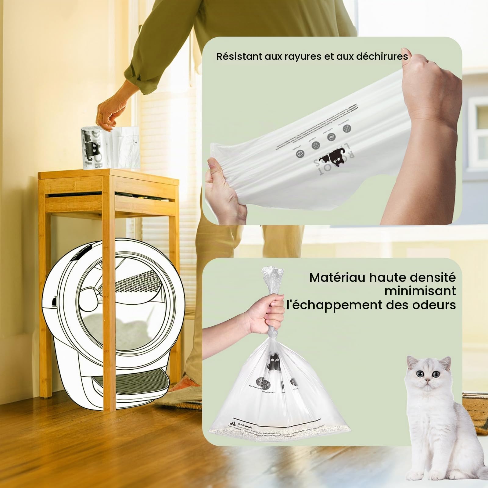 Lot de 90 sacs à litière pour chat, modèle robot, 5/4/3, résistants aux déchirures, transparents, compatibles avec les capteurs, pré-séparés, sacs à litière automatiques, capacité de 24,5 à 38 litres