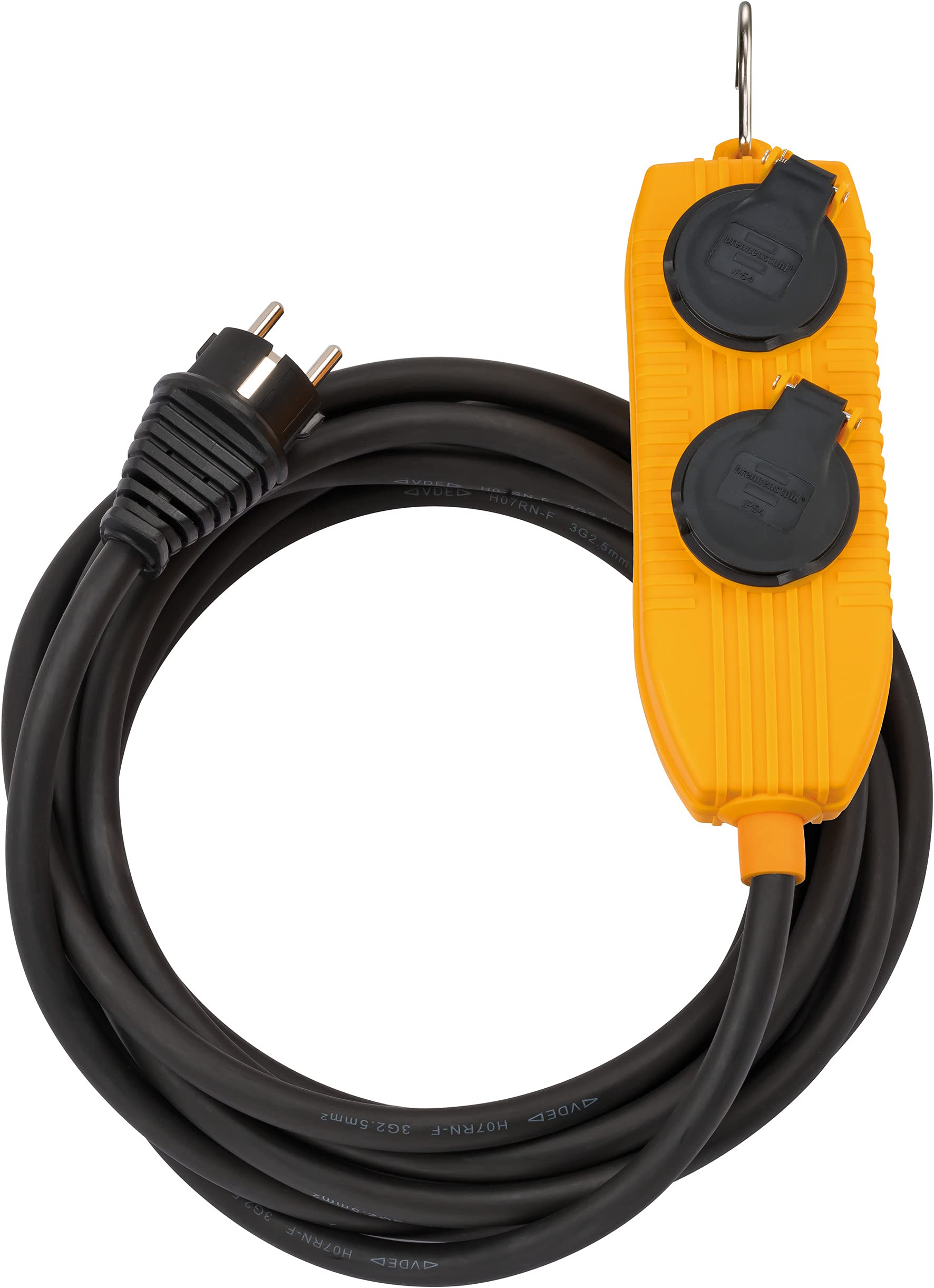 Brennenstuhl Przedluzacz z Powerblock (5m kabel w kolorze czarnym do krótkotrwalego zastosowania na zewnatrz, IP54, ze skladanym metalowym hakiem)