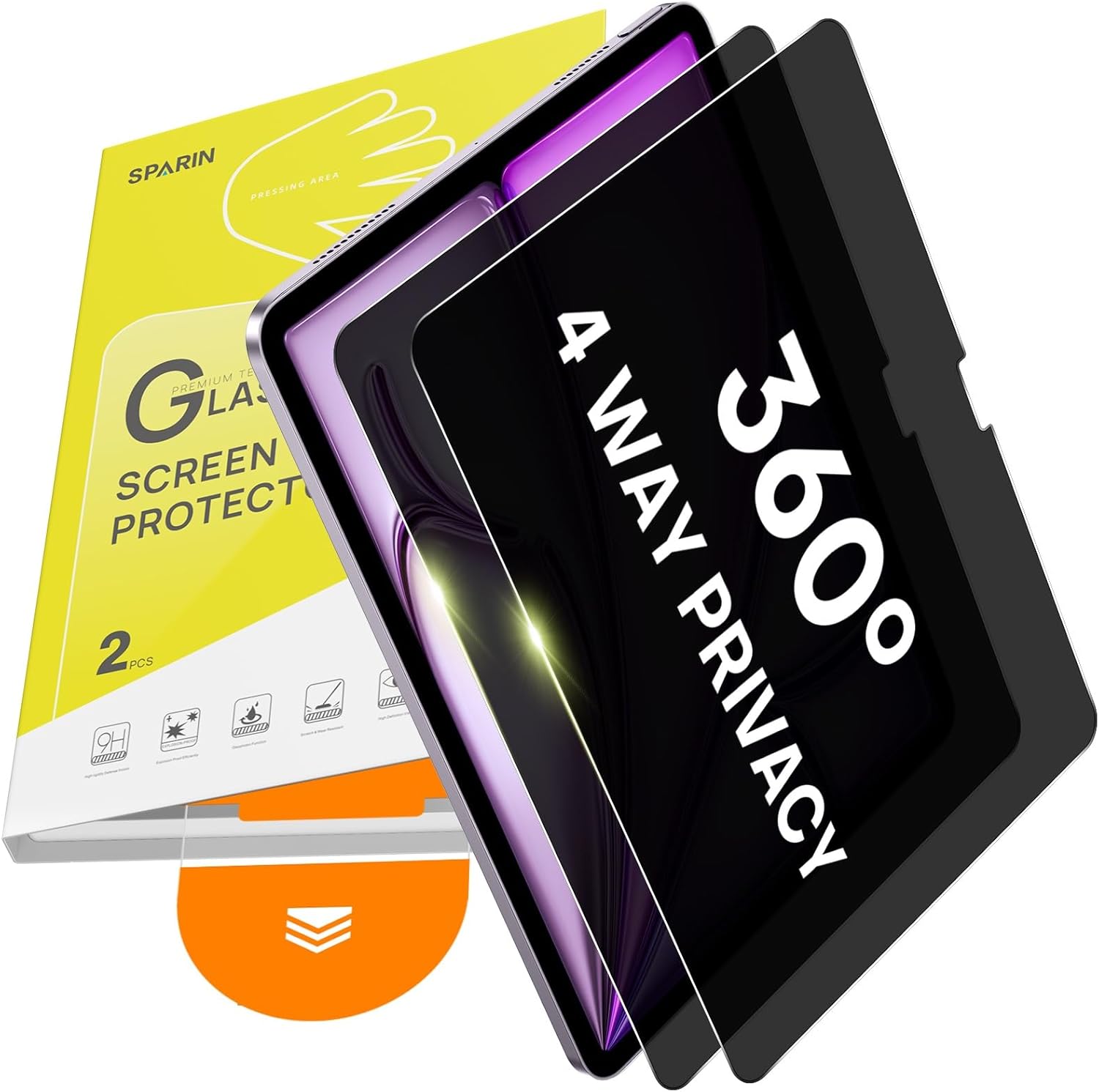 SPARIN 2 Pack 360° Privacy Screen Protector for iPad Air 13 Inch M4/M3/M2 (8th/7th/6th Generation, 2026/2025/2024), Military-Grade 4 Way Anti-Spy Tempered Glass with Auto Application Tray, Shockproof