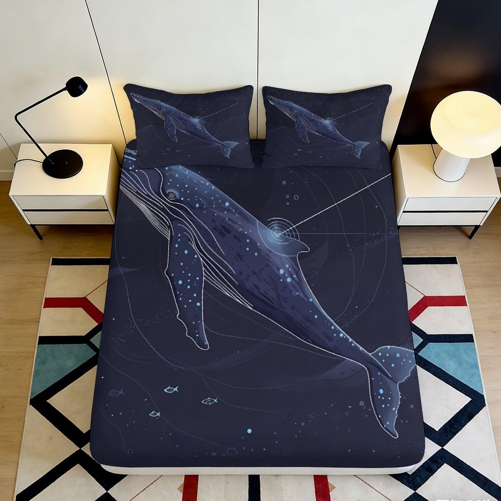 3D Printed Whale Star Deep Pocket Fitted Sheet Microfiber Bedroom Wrap Whale Mattress Fitted Cover Non-Slip Washable 200x200x25cm 90x200x25cm