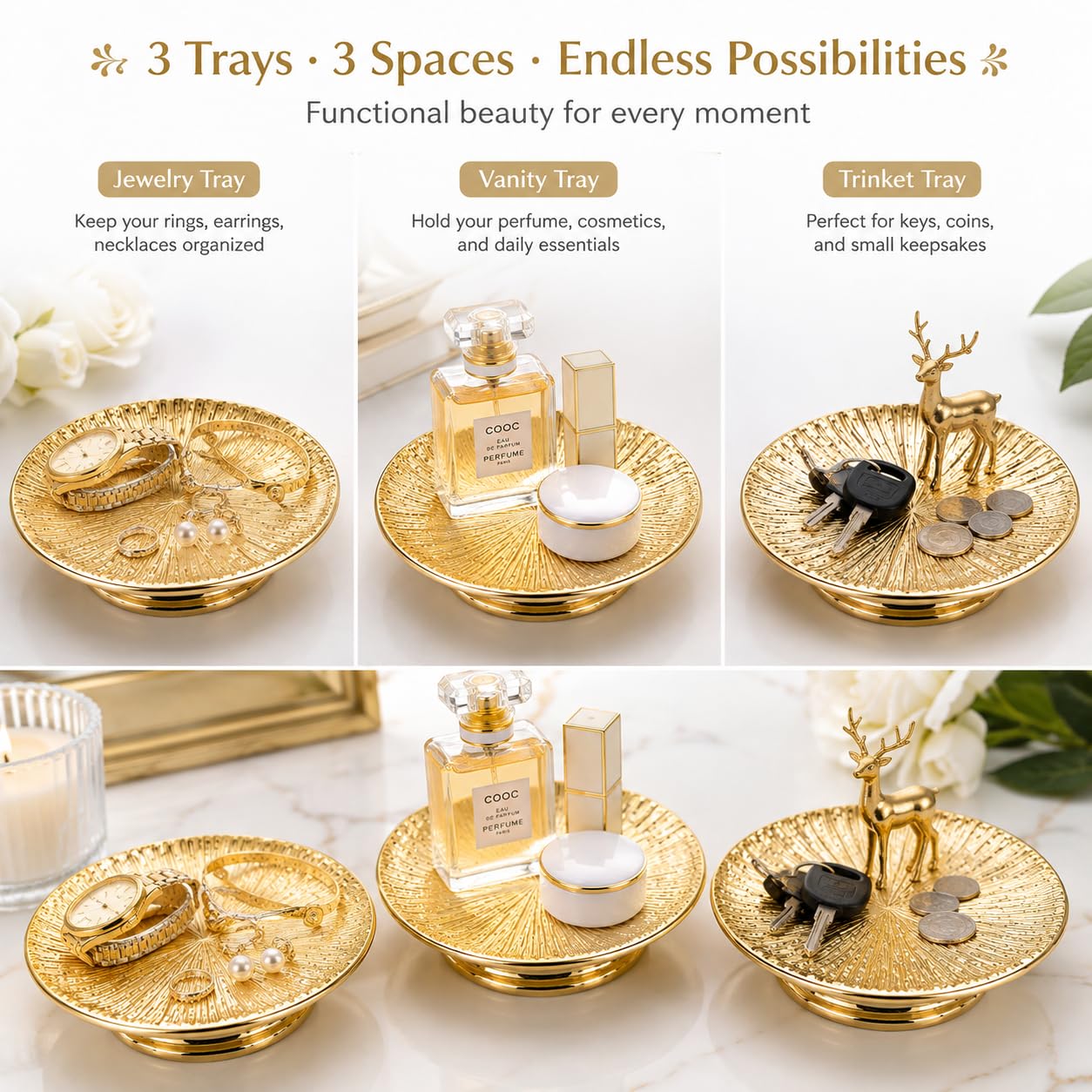 Amazon.com: Gold Ceramic Jewelry Dish & Candle Plate Set of 3, 5