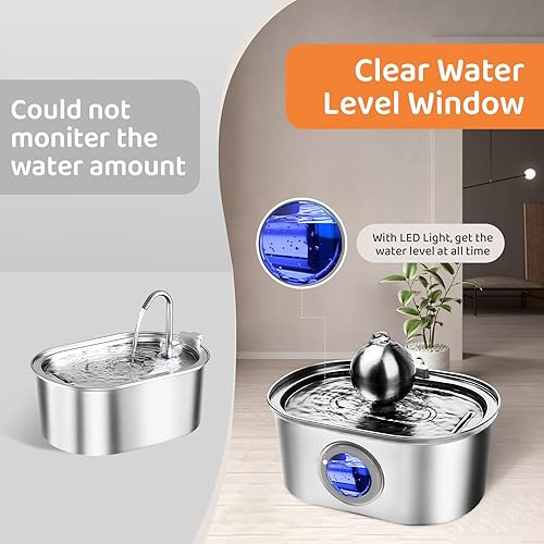 Miniatura 4 de Fuente de agua de acero inoxidable para gatos en interiores, dispensador automático de agua para gatos de 108 oz3.2 L con ventana de nivel de agua,