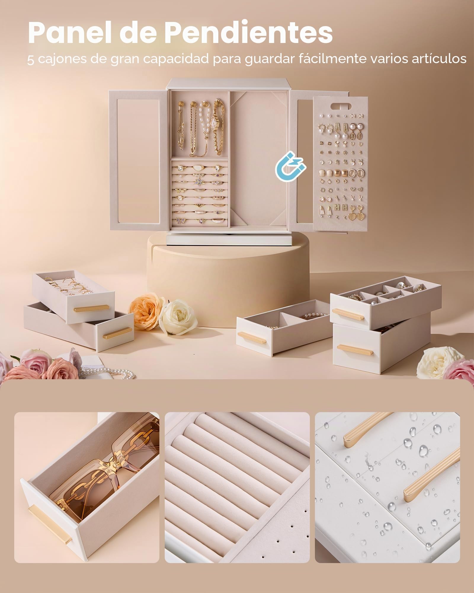 Lolalet Caja para Joyas, Estuche Grande Giratorio 360º con Ventana Transparente para Almacenar Pendientes Pulseras Collares Anillos -Blanco