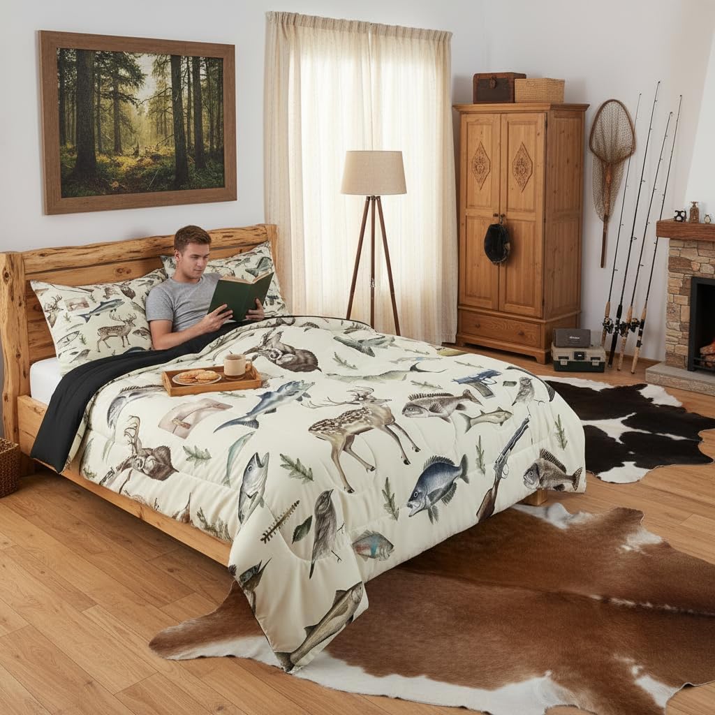 Erosebridal Hunting and Fishing Queen Bedding Set,Deer Hunting Comforter Set for Kids Boys Men,Big Bass Pike Fish Comforter,Rustic Cabin Lake House Bedroom Room Decor,2 Pillowcases Breathable