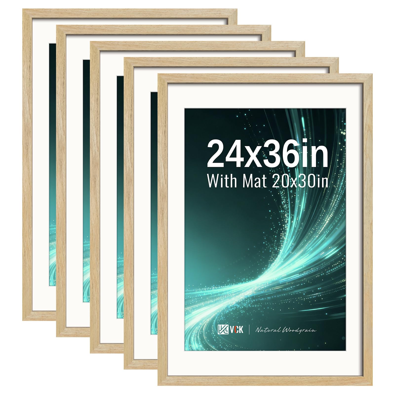 VCK 24x36 Frame 5 Pack, Natural Exclusive Wood, 20x30 Mat, for Picture