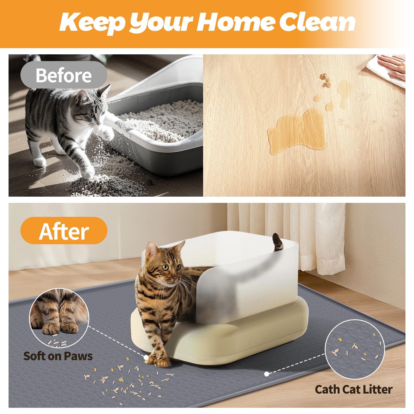 Bartuke Cat Litter Mat, Extra Large 51" x 26" Silicone Mat Litter Trapping Mat for Scatter Control Soft on Kitty Paws - Image 4