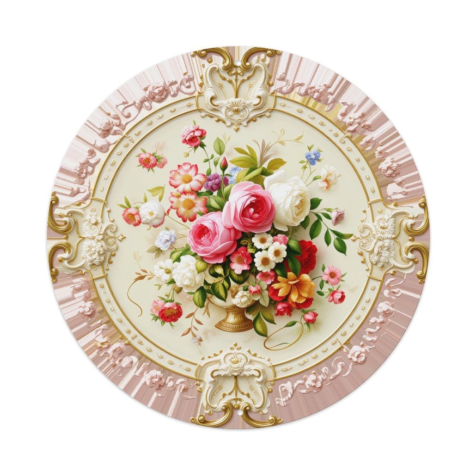 Floral Bouquet Ornate Design Round Tin Sign Retro Metal Sign for Cafe Bar Pub Home Game Room Gym Club Wall Decoration Vintage Metal Poster 8x8 Inch
