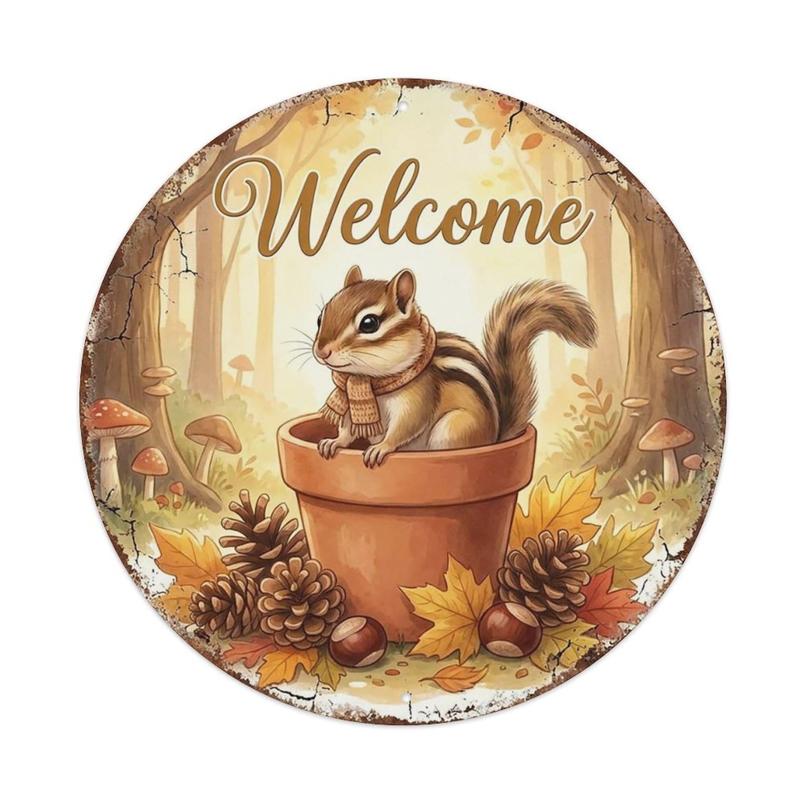 Vintage Welcome Chipmunk Pinecones Vintage Metal Tin Sign Plaque Wall Decor for Cafe, Club Bar, Office, Garden Metal Poster 8x8Inch