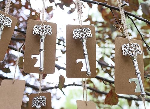 50pcs favores de boda plata esqueleto clave abridor de botellas con tarjeta de etiqueta de acompañante marrón