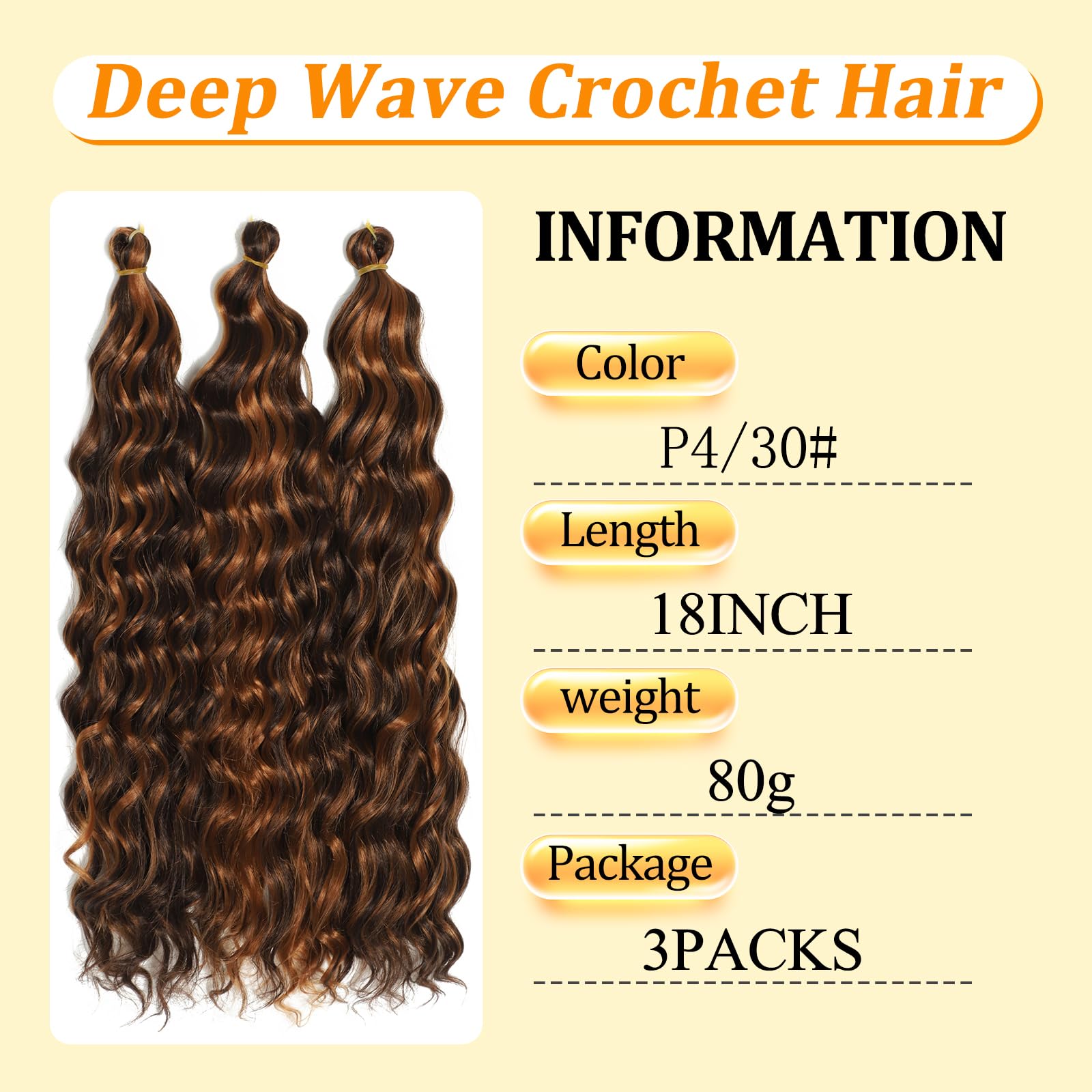 Długie kręcone włosy, Ocean Wave Crochet Hair - miękkie syntetyczne włosy, głębokie fale, skręcane włosy do przedłużania włosów w stylu boho (P4/30#, 45-3T)