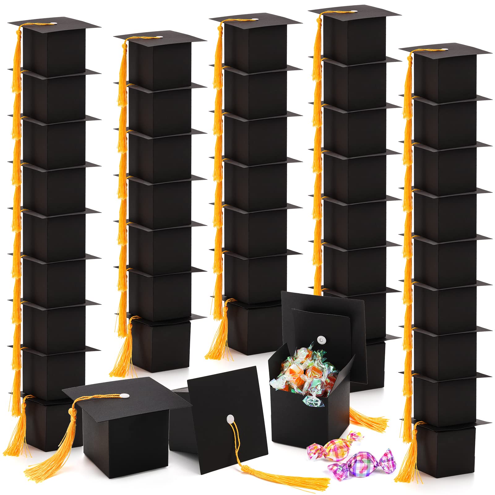 Lawei 50 Pack Graduation Candy Boxes, Graduation Cap Gift Sugar Chocolate Boxes with Yellow Tassel, DIY Grad Treat Box for Graduation Party Favors