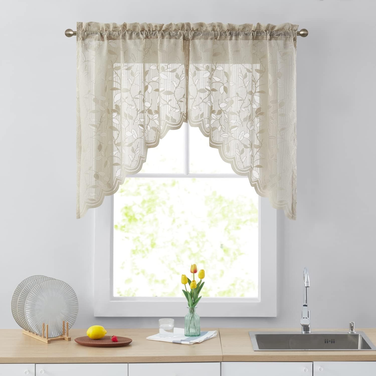 HLC.ME Joyce Semi Sheer Kitchen Swag Curtain Panels Rod