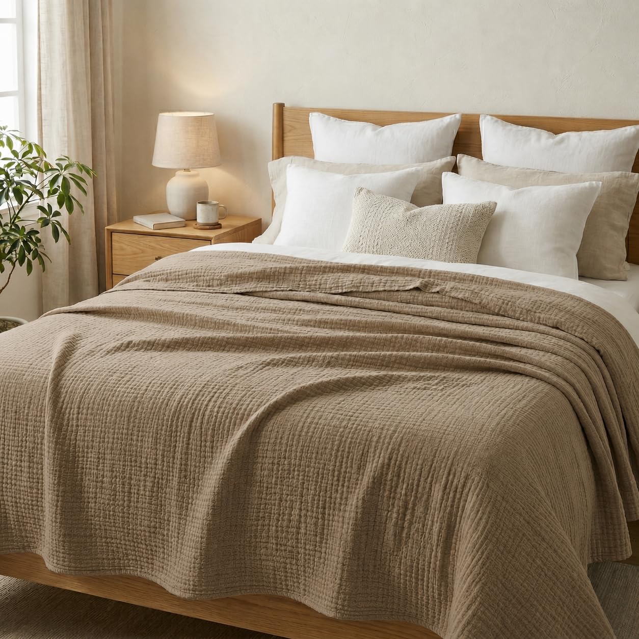 Photo 1 of 100% Cotton Ultra Soft Muslin Blankets for Adults, 6-Layer Lightweight Queen Blanket for Bed, Pre-Washed Breathable Gauze for Bed Layering, All Season Comfort, Brown, 90"x90"