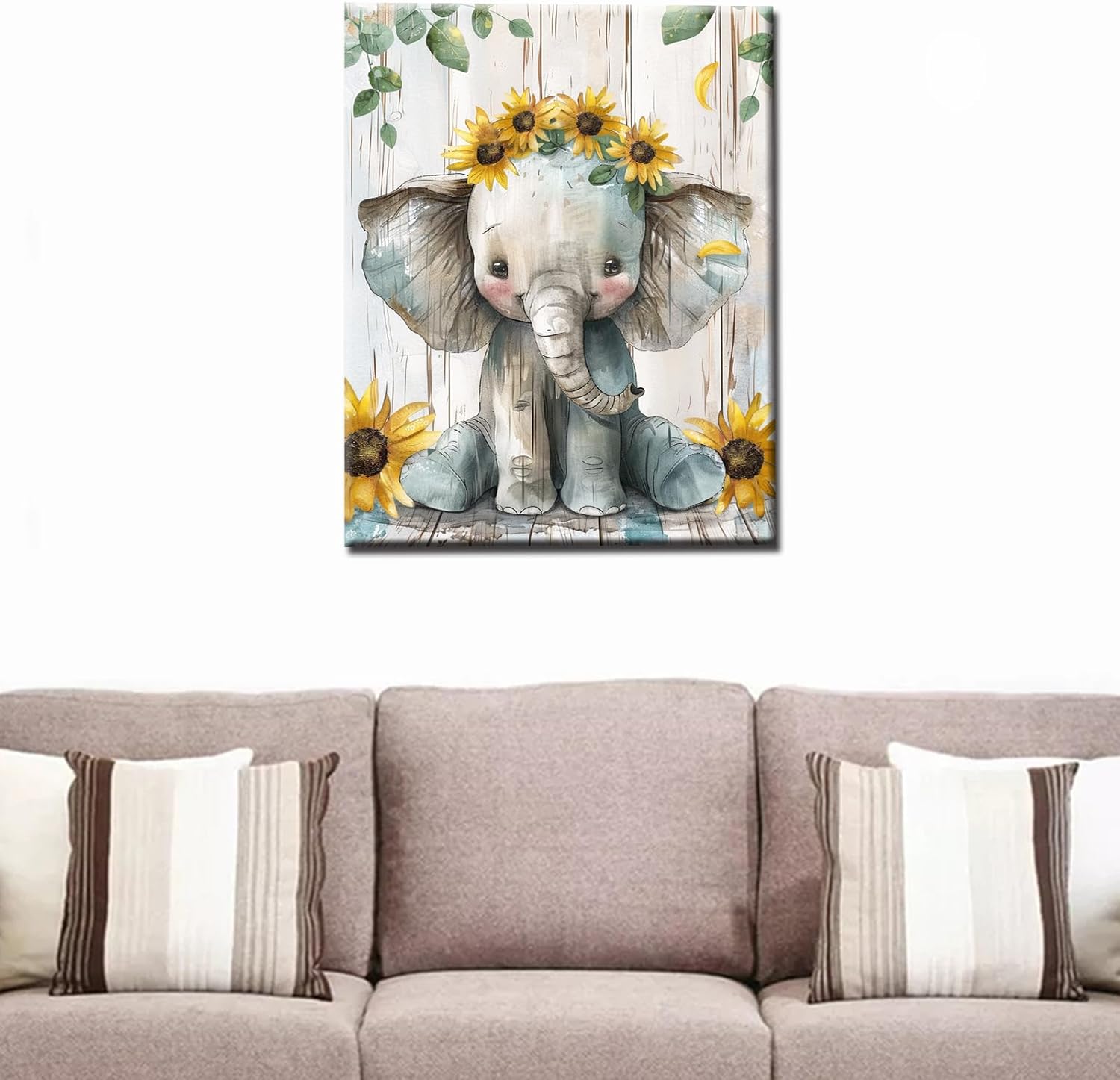 Aihonmin Cute Elephant Paint by Numbers Kits with Brushes and Acrylic Pigment Sunflower Painting for Adults Beginner Rustic Style Pictures Craft Home Decor 16''x20''(DIY Framed)